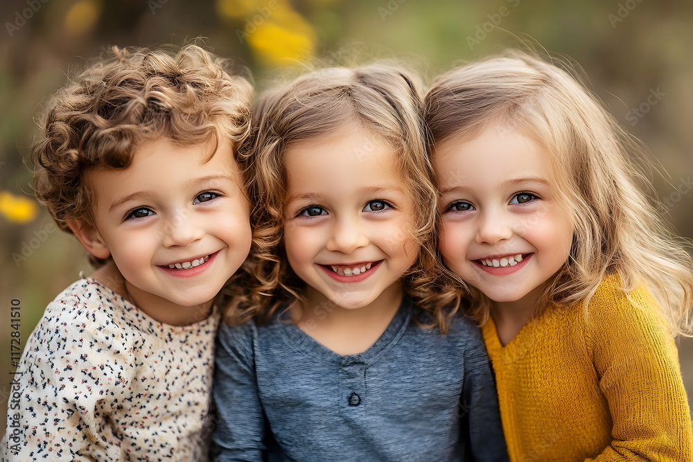 Portrait of triplets sitting outdoors playing Portrait of triplets sitting outdoors playing