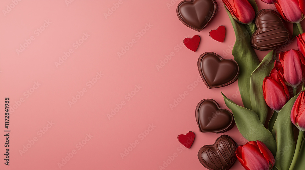 Naklejka premium Kompozycja Walentynkowa z czekoladkami w kształcie serc i czerwonymi tulipanami, ułożona na delikatnym tle z przestrzenią na tekst lub projekt.