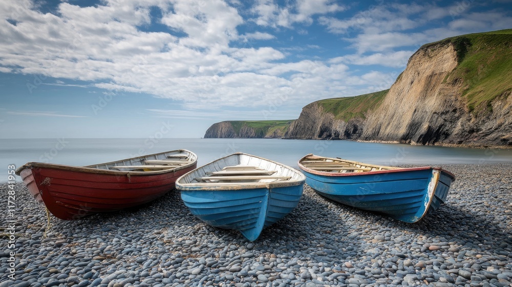 Naklejka premium Colorful rowboats resting on a pebble beach with dramatic cliffs in the distance.