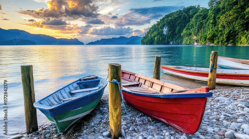 Fishing boats tied to wooden posts on a rocky shore surrounded by lush green hills. Fishing boats tied to wooden posts on a rocky shore surrounded by lush green hills.