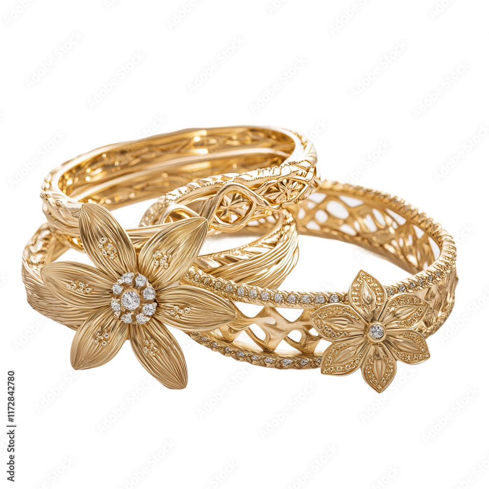 Golden Floral Bracelets: Delicate and intricate, this set of gold bracelets feature exquisite floral designs with sparkling crystal accents.