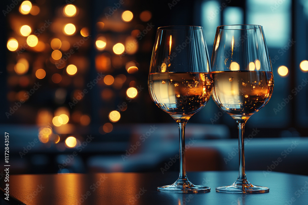 Two wine glasses on table, evening lights bokeh restaurant background, romantic dinner Two wine glasses on table, evening lights bokeh restaurant background, romantic dinner