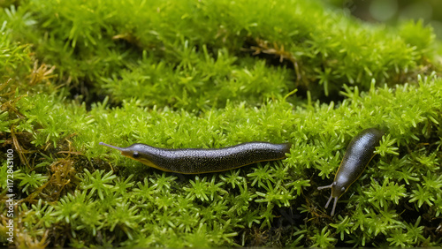 Slugs (Deroceras sp.) creeping across the mosses photo