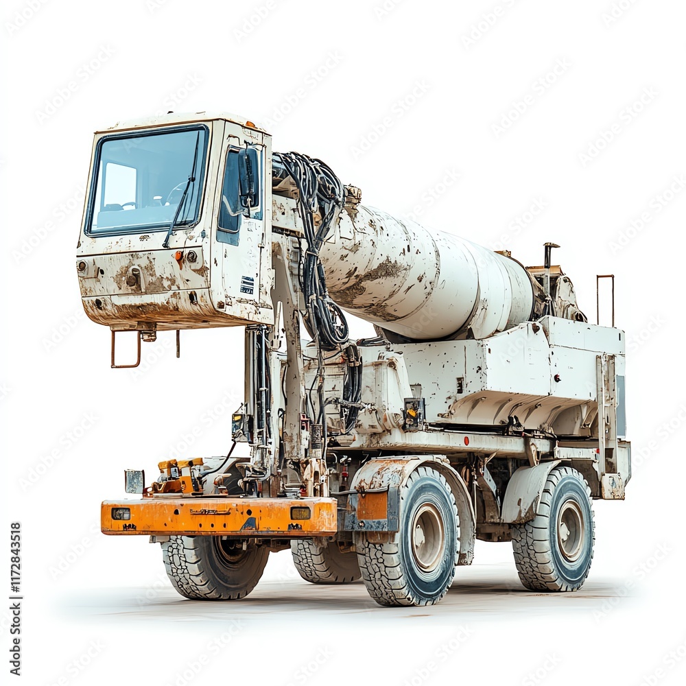A large concrete mixer truck with a raised cab, designed for transporting and mixing concrete on construction sites. A large concrete mixer truck with a raised cab, designed for transporting and mixing concrete on construction sites.