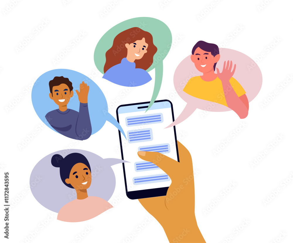 group people chatting online mobile app messenger cellphone screen with friends talking internet smartphone virtual meeting boy girl colleague relatives vector illustration group people chatting online mobile app messenger cellphone screen with friends talking internet smartphone virtual meeting boy girl colleague relatives vector illustration