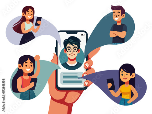 group people chatting online mobile app messenger cellphone screen with friends talking internet smartphone virtual meeting boy girl colleague relatives vector illustration