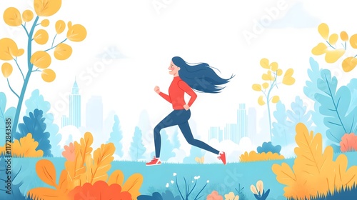 A cheerful illustration of a woman jogging through an autumn park with a city skyline in the background, showcasing a healthy and active lifestyle. Exercising outdoor, health habits