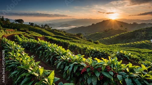 This image is suitable for coffee industry advertising, packaging design, and agricultural publications. It features beautiful red coffee beans growing on terraced hillside plants