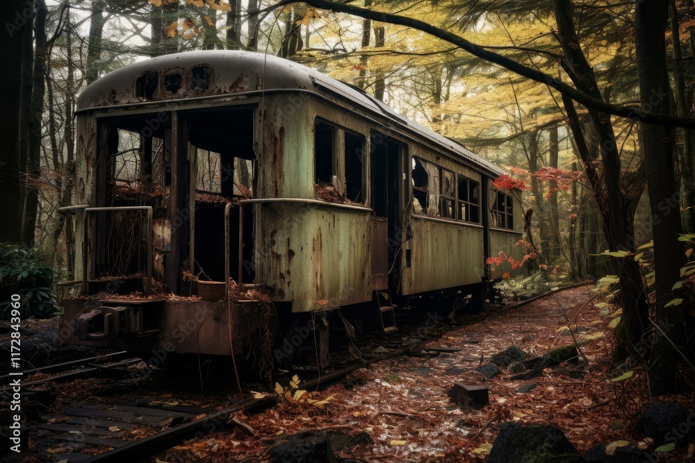 Fototapeta premium Rusted, decaying train sits on tracks in a tranquil forest setting, showcasing the passage of time and nature reclaiming its territory