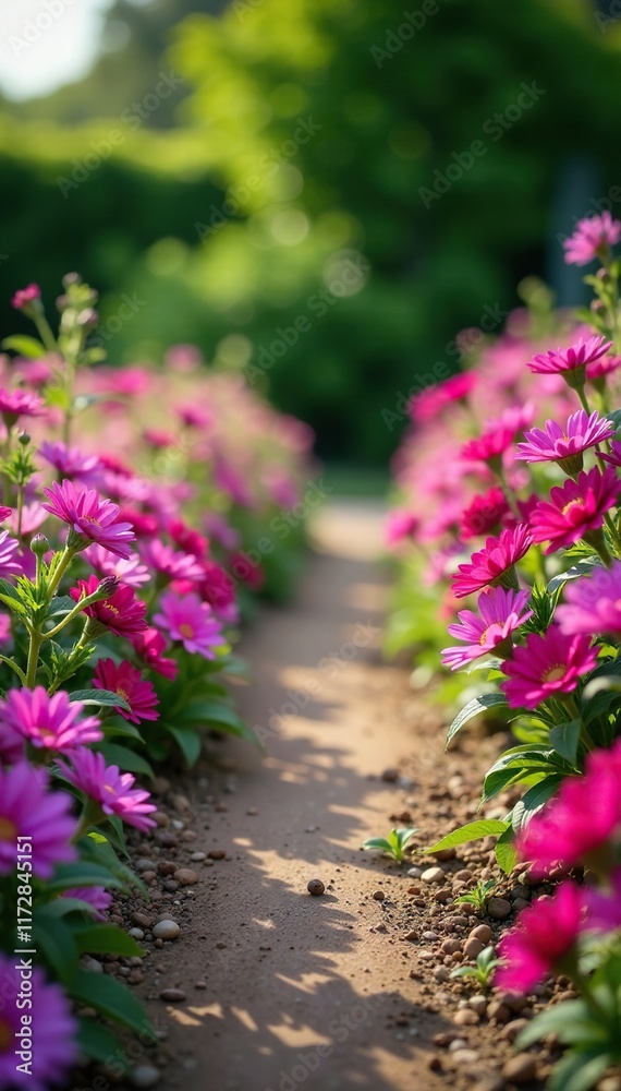 Obraz premium Bright pink and purple flowers on a garden path, bloom, garden