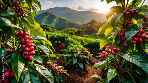 This image is suitable for coffee industry advertising, packaging design, and agricultural publications. It features beautiful red coffee beans growing on terraced hillside plants