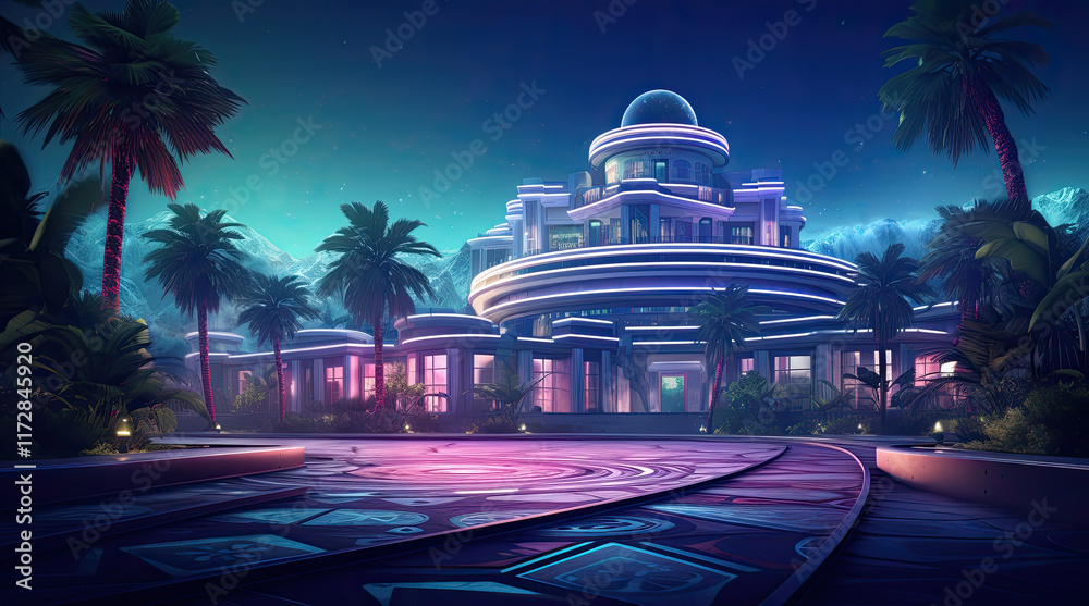 An illustration of a luxurious casino building at night