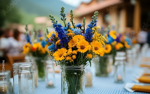 Yellow and blue wildflowers in mason jars on checkered tablecloth.