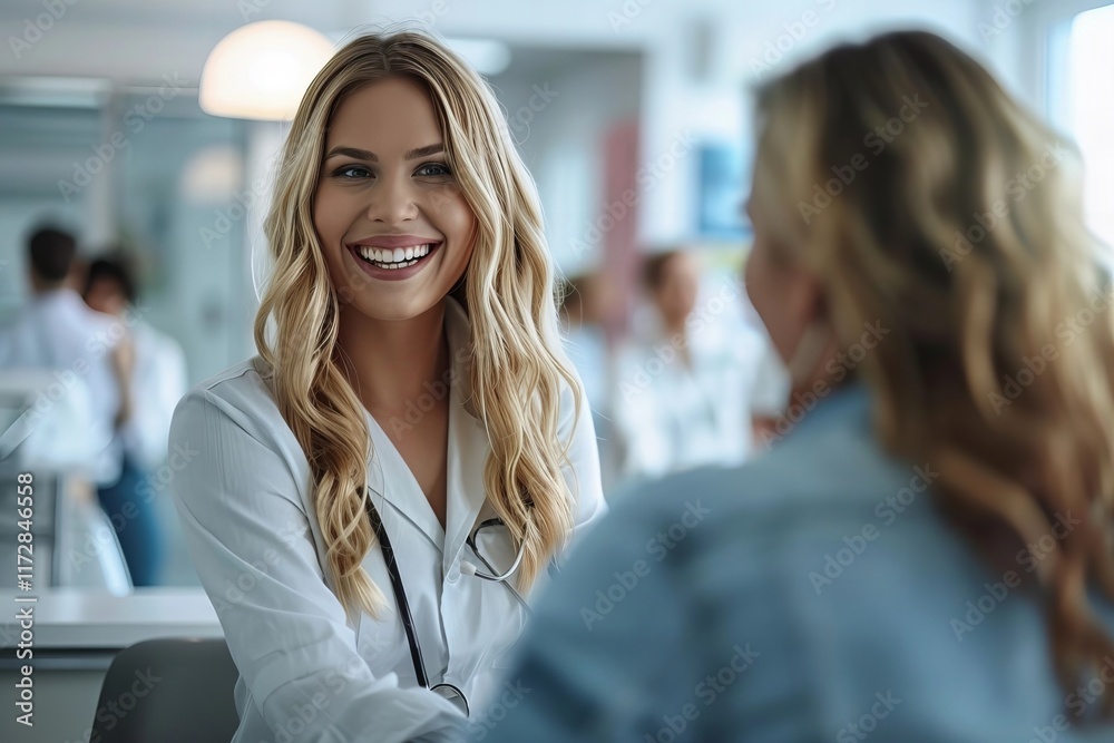 Obraz premium Female dentist warmly welcoming patient at reception in dental clinic