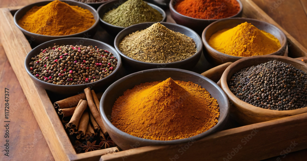 Indian cooking spices in wooden trays on an old table