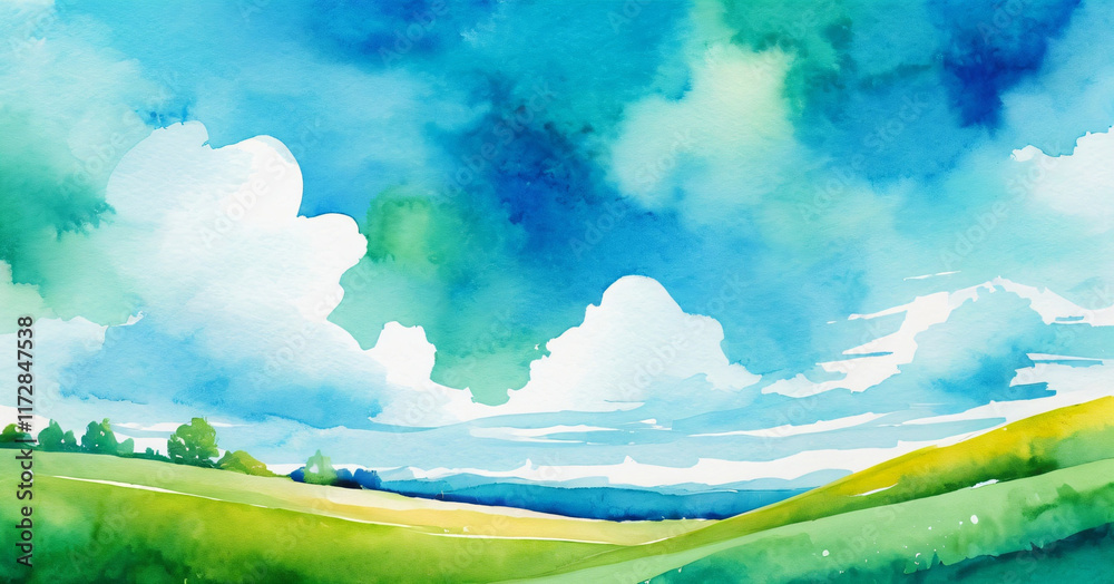 Abstract summer landscape vector watercolor background with blue sky