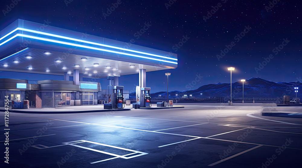 An illustration of a gas station at night