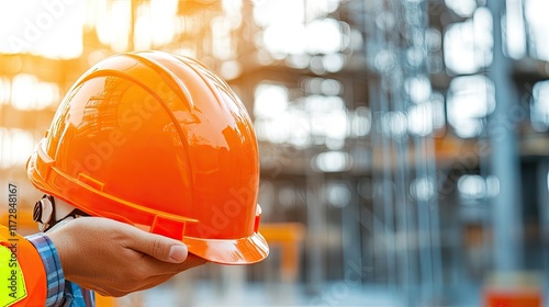 A construction worker holds an orange safety helmet at a building site during sunset. photo