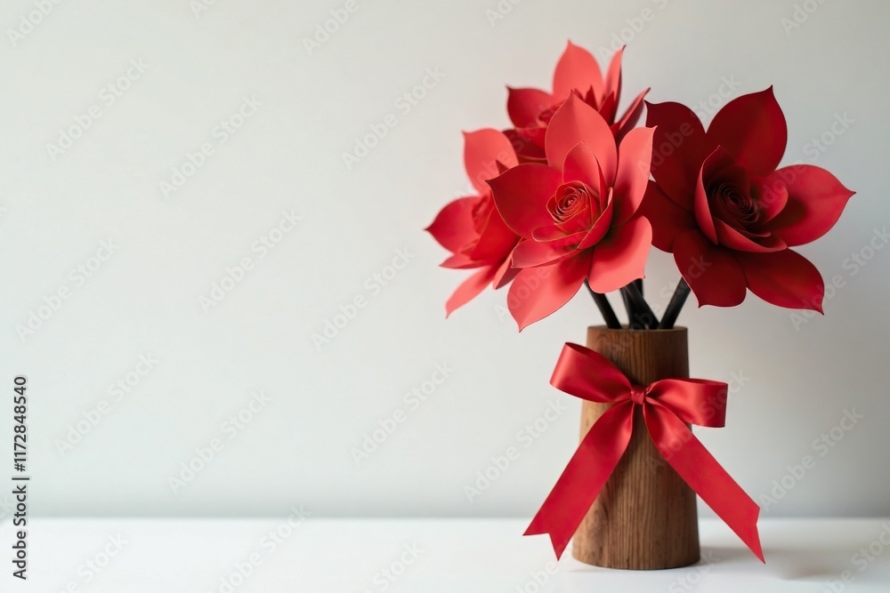Red paper flowers tied with a ribbon on a wooden branch in a vase, decor, red, vase Red paper flowers tied with a ribbon on a wooden branch in a vase, decor, red, vase