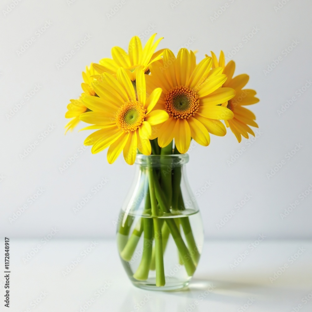 Fototapeta premium Freshly cut yellow flowers sit in a clear glass vase, bouquet, glass