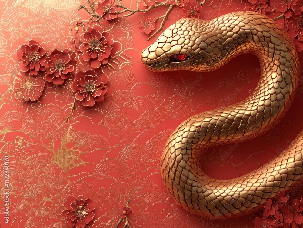 Fototapeta premium Golden snake with red flowers on red background.