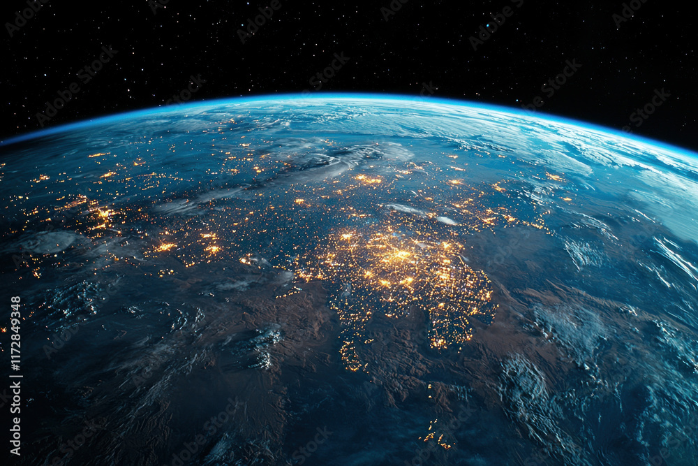 Fototapeta premium Earth from space Europe at night, city lights glow, stars shine