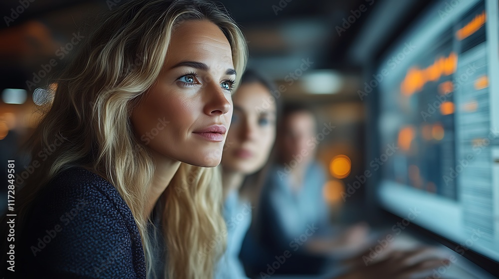 Focused businesswoman with colleagues looking at screen. Focused businesswoman with colleagues looking at screen.