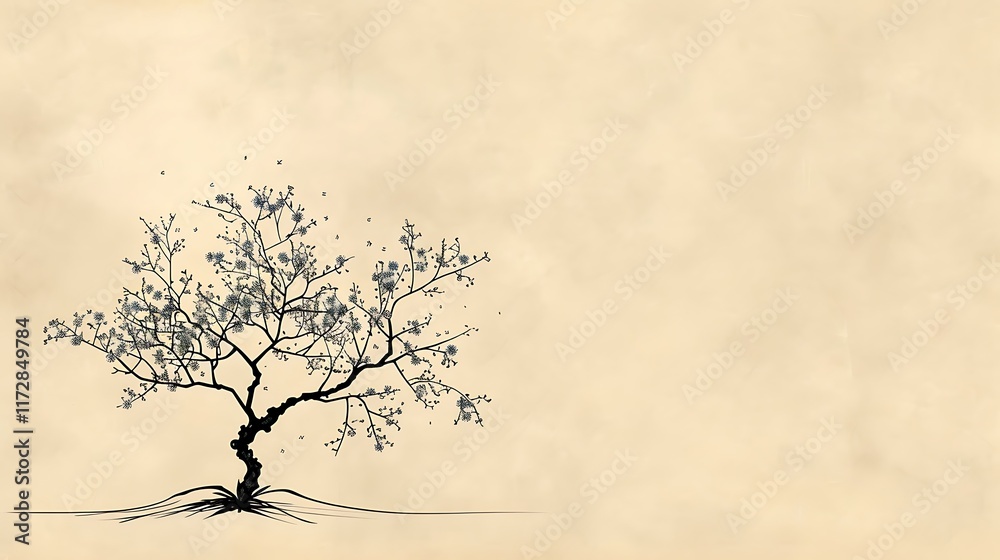 Fototapeta premium tree small blossoms line drawing beige background