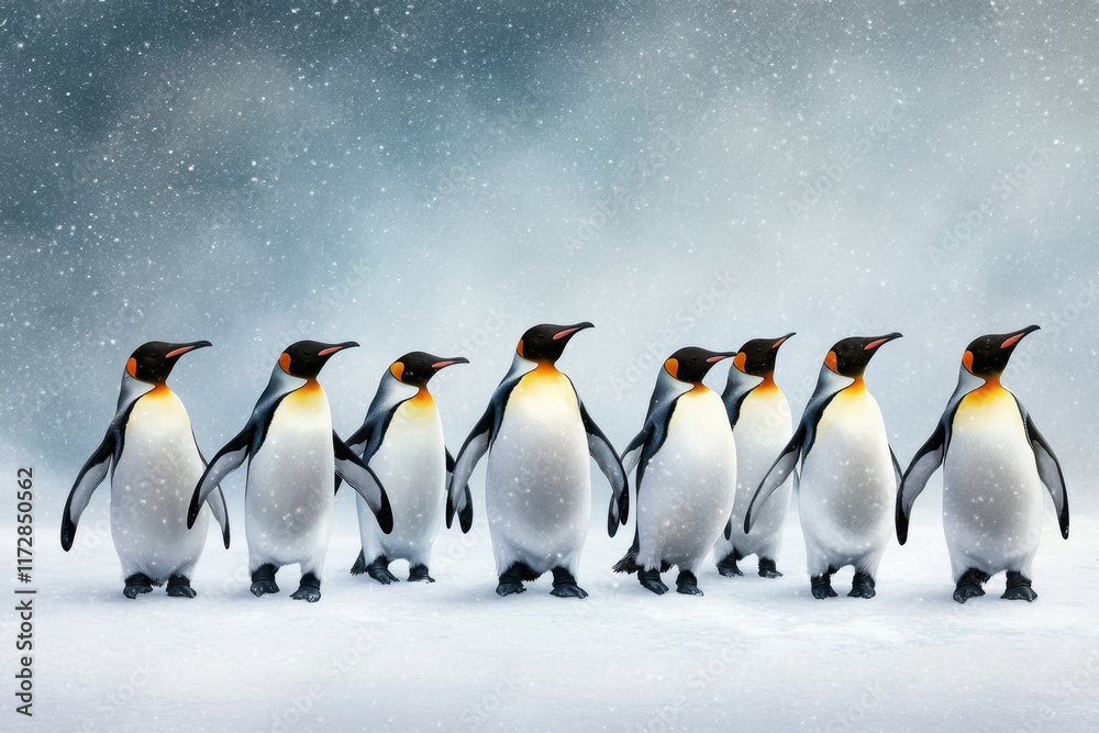 Obraz premium A charming scene of eight emperor penguins marching through a snowy landscape, showcasing their striking black, white, and orange plumage against a serene winter backdrop.