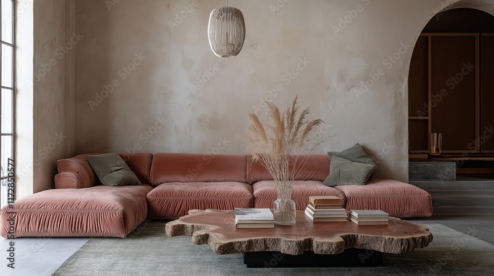 Generative AI, Minimalist living room with a blush modular sofa and bold orange accents