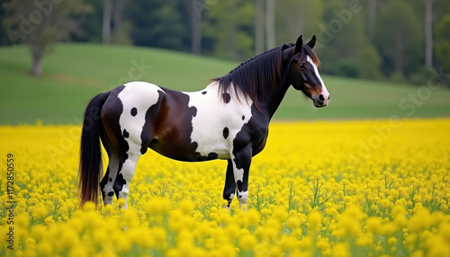 A majestic horse standing gracefully in a vibrant spring meadow filled with colorful flowers, capturing the beauty of nature and tranquility.