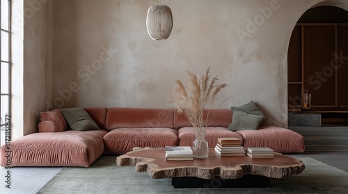 Obraz na płótnie Generative AI, Minimalist living room with a blush modular sofa and bold orange accents w salonie