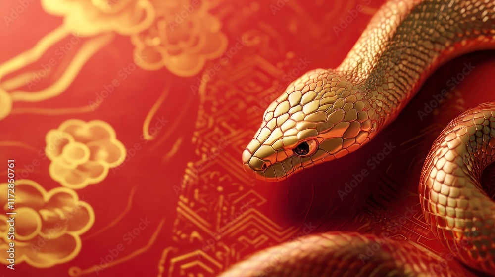 Fototapeta premium Golden snake on red background with gold Chinese pattern.