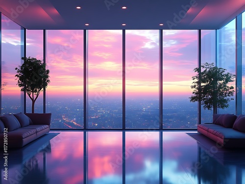 Luxurious penthouse apartment with panoramic sunset view.