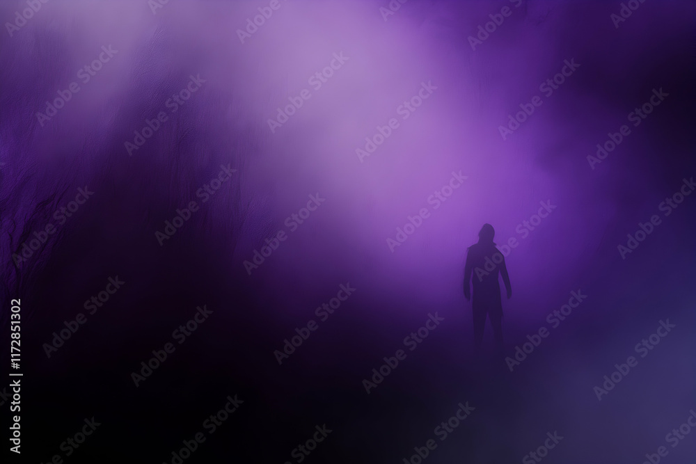 Fototapeta premium Mysterious silhouette of a person standing in a purple, foggy landscape, evoking feelings of solitude and introspection.