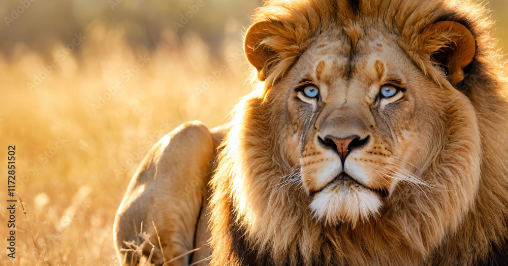 Obraz premium Create a majestic portrait of a lion bathed in golden sunlight. Emphasize the lion's thick, flowing mane with shimmering highlights,