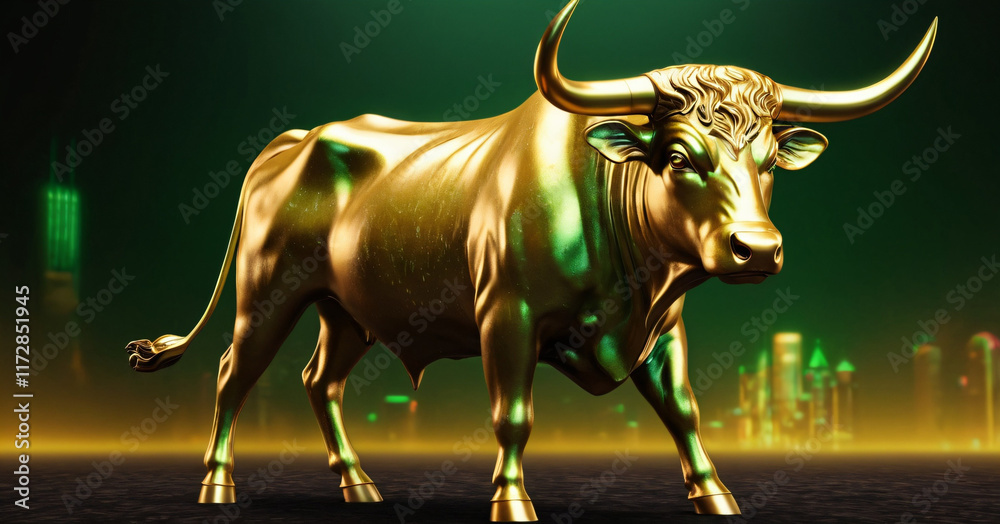 Metallic gold bull with brown particles in dramatic contrasting light representing financial market
