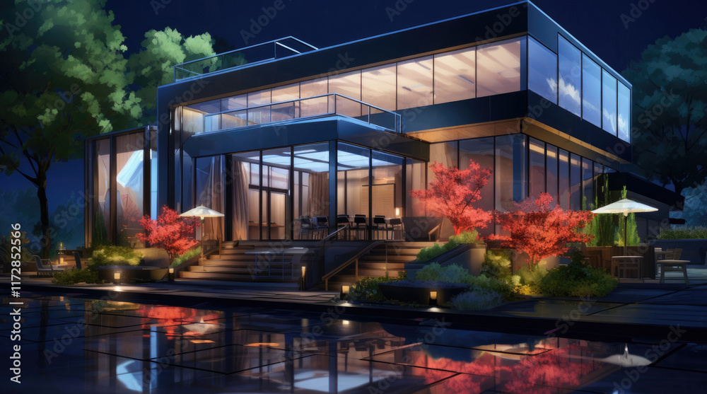 Fototapeta premium An illustration of a modern house at night