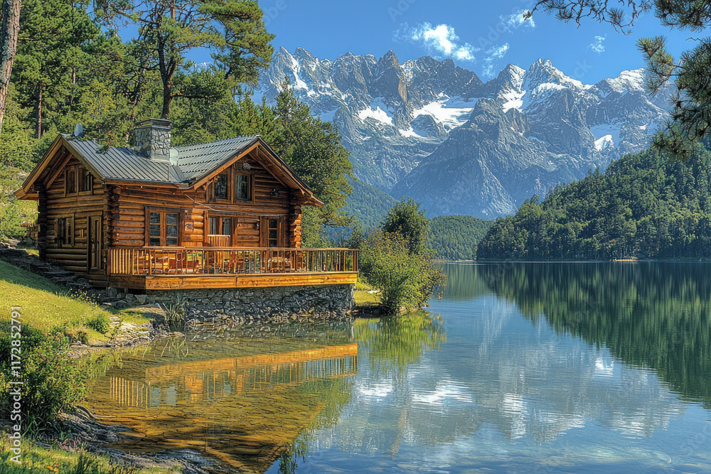 Fototapeta premium Lakeside cabin reflecting in alpine lake with mountain backdrop