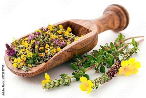 A close-up of yellow sweet clover blossoms and dried Meliot sweet clover herbs in a wooden scoop on a stark white backdrop with plenty of room for writing, Generative AI. photo