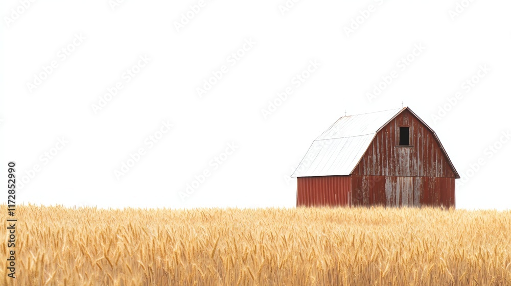 Red barn surrounded by golden wheat field, white isolate background