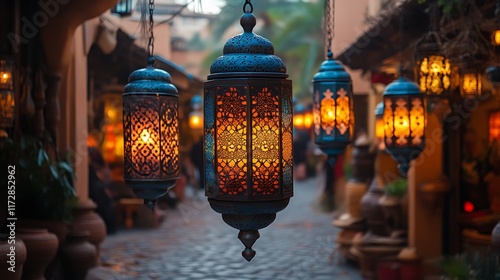 Illuminated Moroccan lanterns hanging in alleyway.