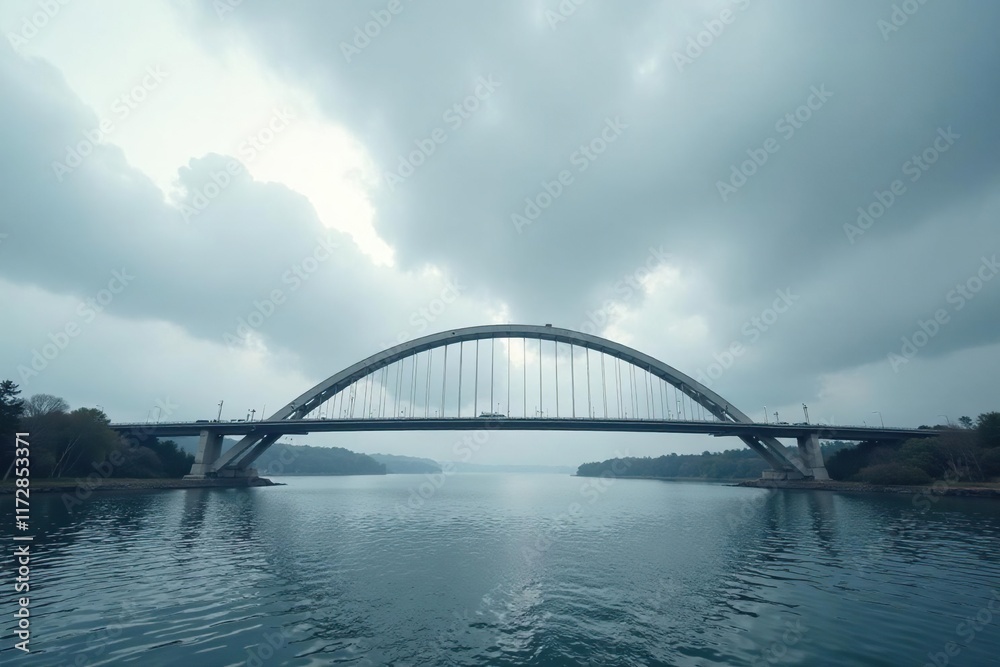 Naklejka premium Bridge with a distinctive curved shape under a grey cloudy sky, cloud, shape