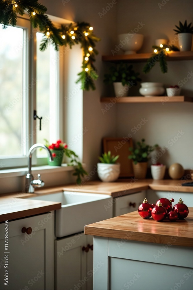 Festive kitchen with Christmas decorations and balls on the counter, garlands of greenery, festive kitchen Festive kitchen with Christmas decorations and balls on the counter, garlands of greenery, festive kitchen