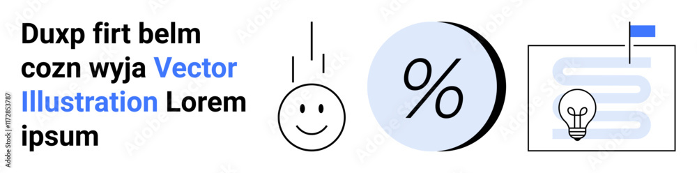 Percent symbol in a blue circle, happy face, light bulb with a blue flag. Ideal for business planning, success, brainstorming, goals, achievement, productivity, motivation. Landing page Percent symbol in a blue circle, happy face, light bulb with a blue flag. Ideal for business planning, success, brainstorming, goals, achievement, productivity, motivation. Landing page