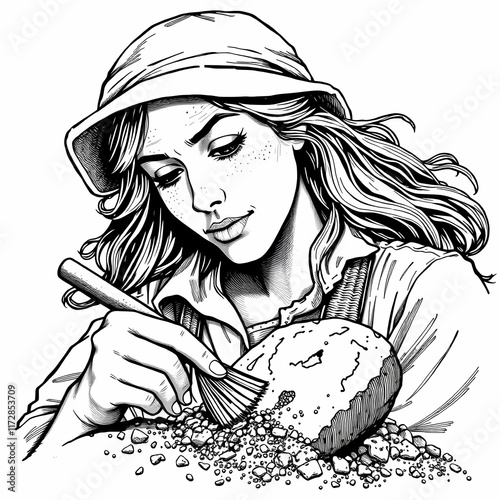 Archaeologist at Work: Intriguing line art illustration of a female archaeologist meticulously excavating a fossil, showcasing her passion and dedication to discovery.  