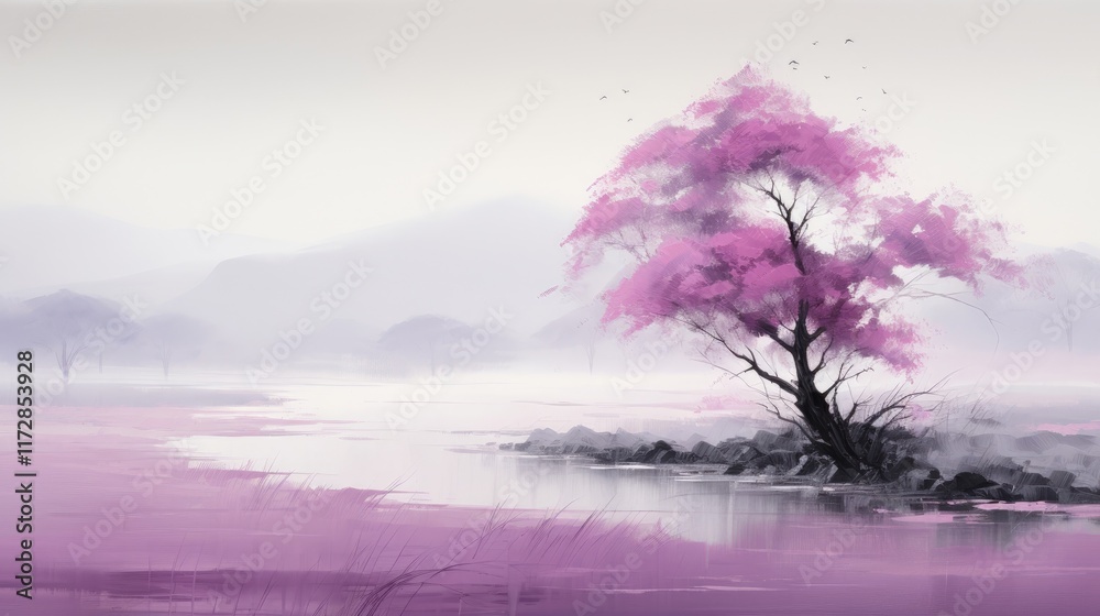 Obraz premium Serene magenta mist enveloping a tranquil, minimalist landscape, evoking a sense of mystery and wonder.
