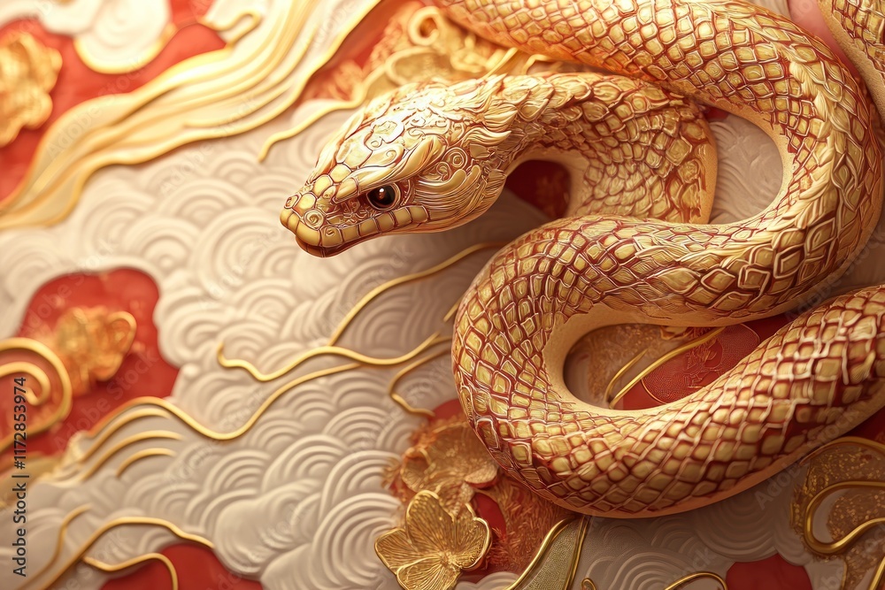Obraz premium Beige snake coiled on red and gold patterned background.