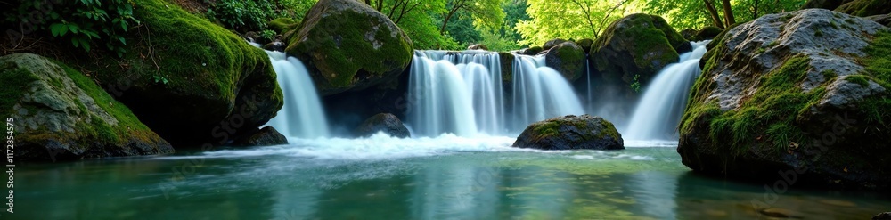 Fototapeta premium A gentle stream flowing into a peaceful waterfall, water, forest, waterfall