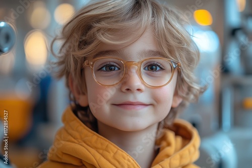 portrait happy little boy patient ophthalmology clinic, vision test in progress. cheerful child trying on trial frames during an optometric examination for accurate eyeglass fitting